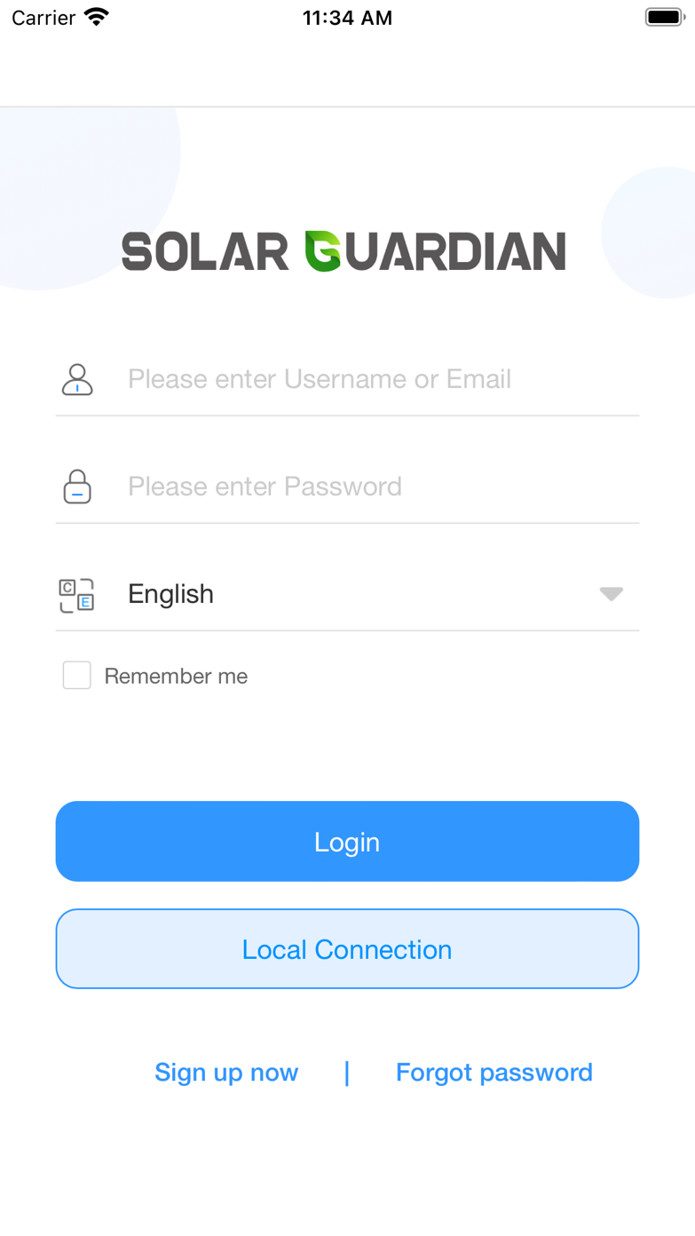 Solar Guardian login and local connection screen